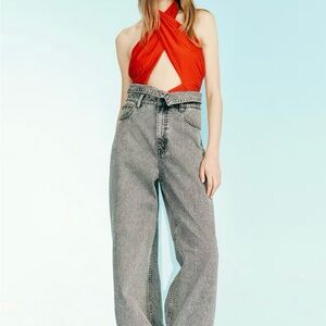 H&M Gray Wide Leg Paper-Bag Denim Jeans. Sz 12. NWT. Sold out